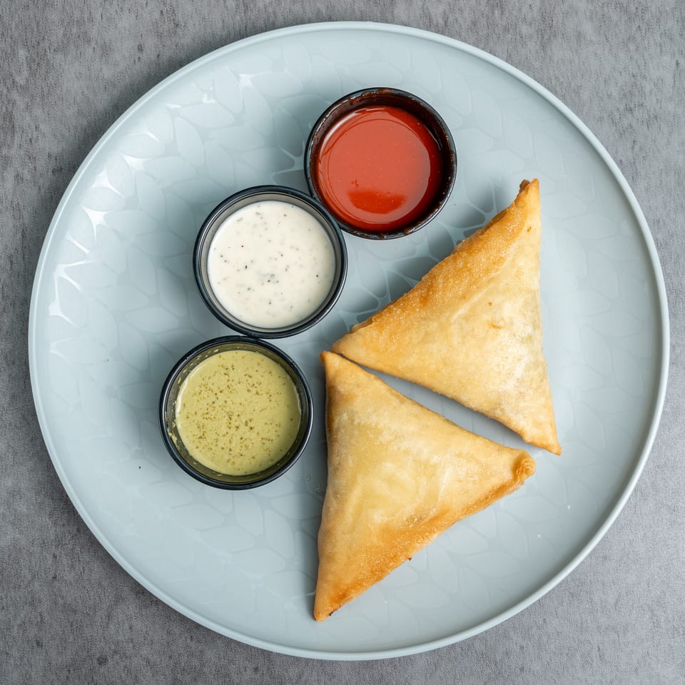 Three golden fried triangular pastries served with red, white, and green dipping sauces on a pale blue plate.